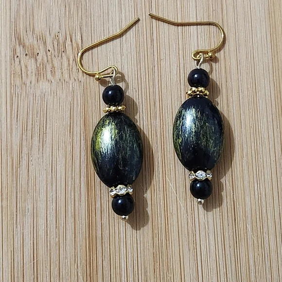 Hand Crafted Pierced Elegant Green Black and Gold Earrings Rhinestones Dangle - Picture 1 of 6